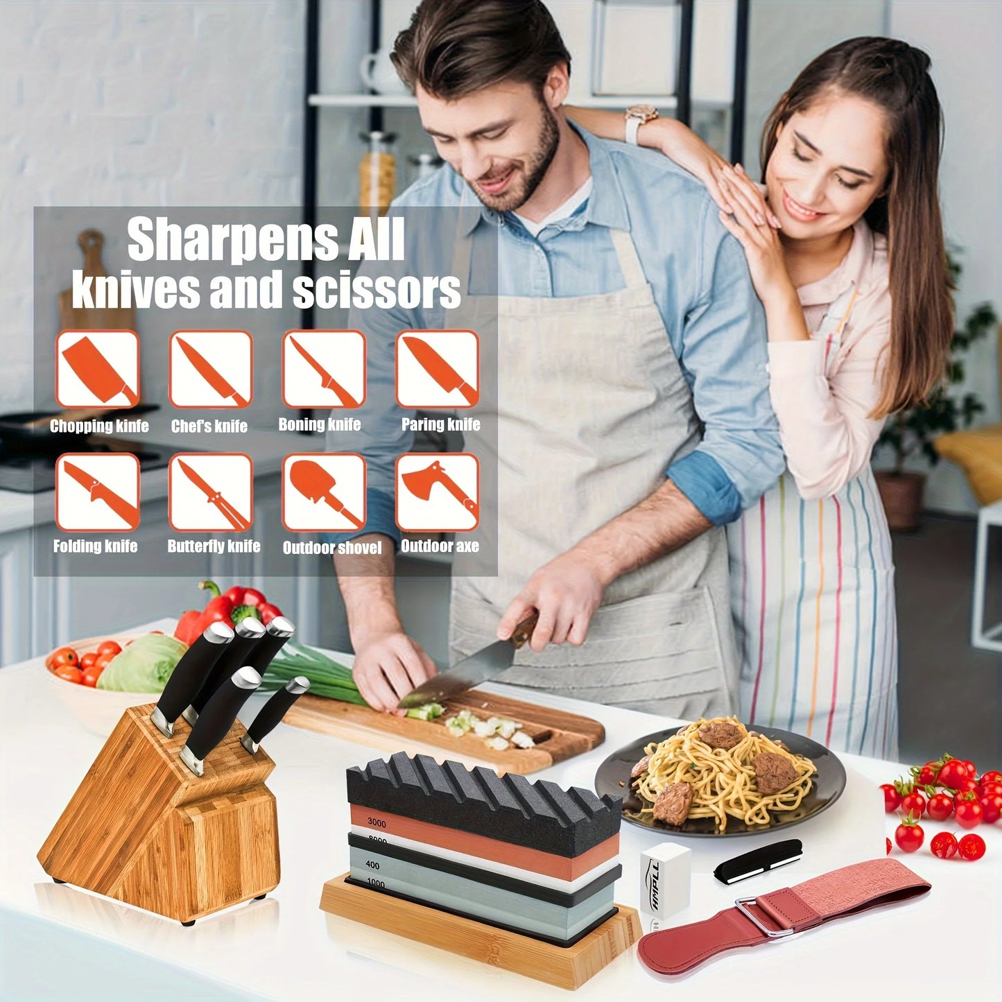 1 Set Professional Knife Sharpening Stone Kit 4 Sided Grit 400/1000 3000/8000 with Non-Slip Base, Leather Strop Flattening Stone
