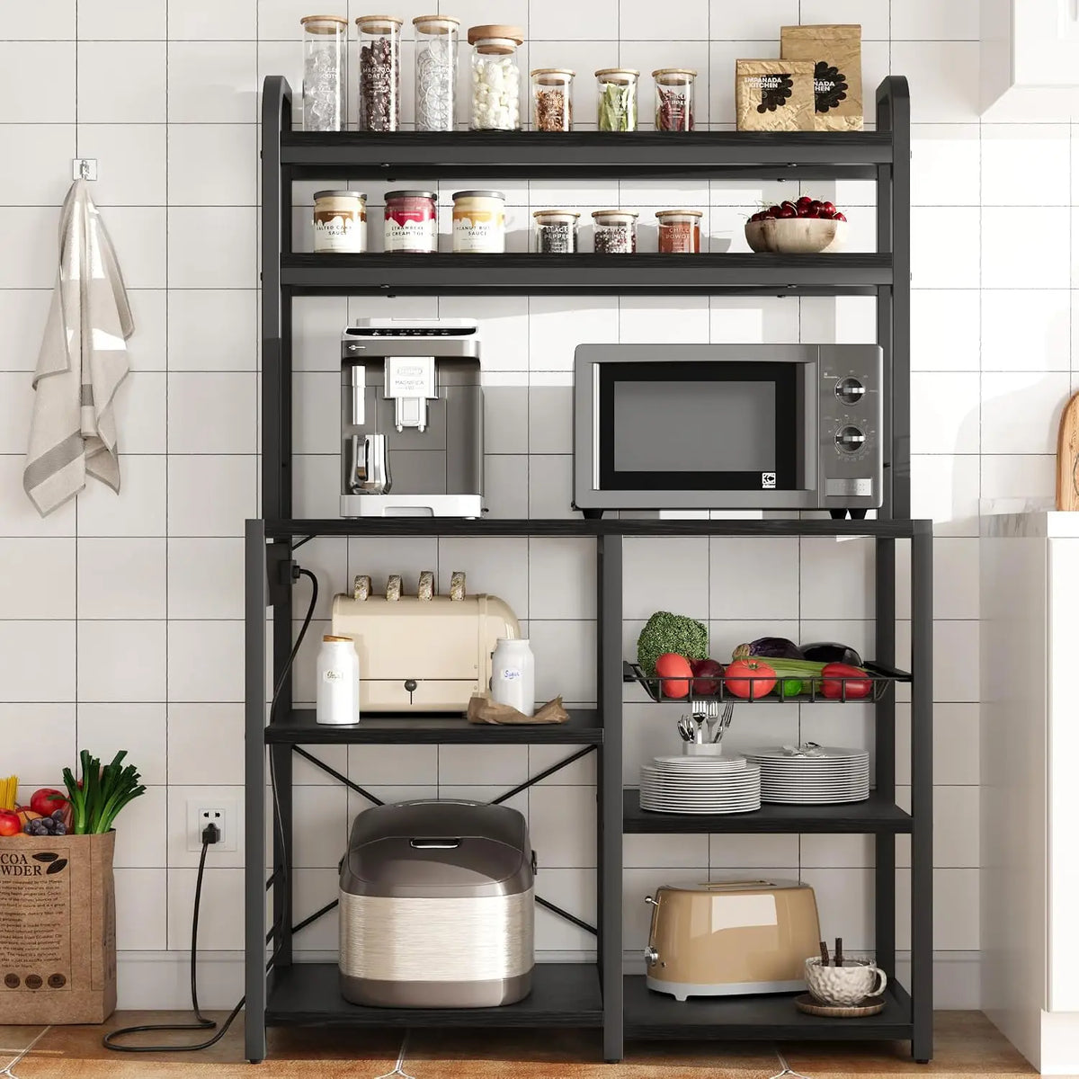 5-Tier Baker's Rack with Wire Basket – Microwave Stand with Built-In Power Outlets, Coffee Bar Station & Open Kitchen Shelving for Spices, Dishes, and Pots, Brown