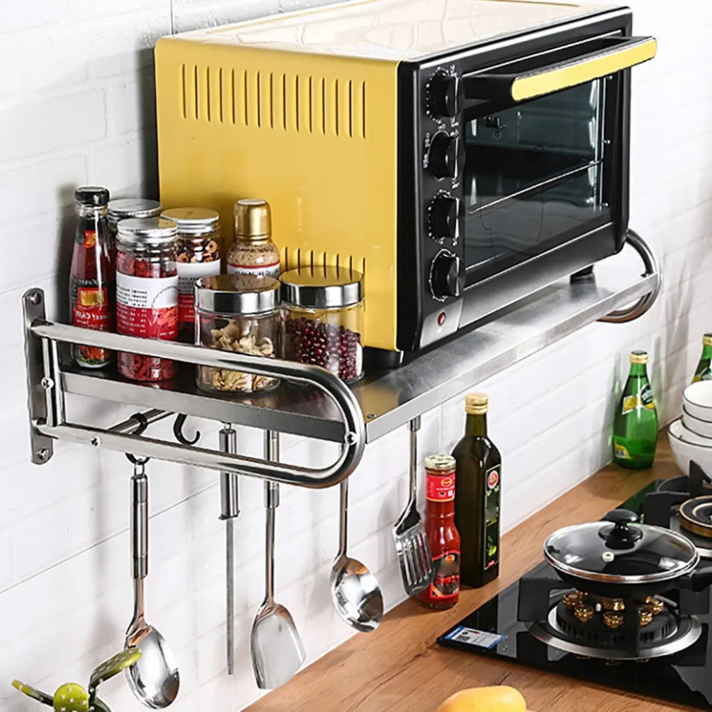 Stainless Steel Microwave Utensils Shelf Wall Mount with 6 Hooks, Heavy Duty Kitchen Organizer Rack for Bathroom Pantry Storage