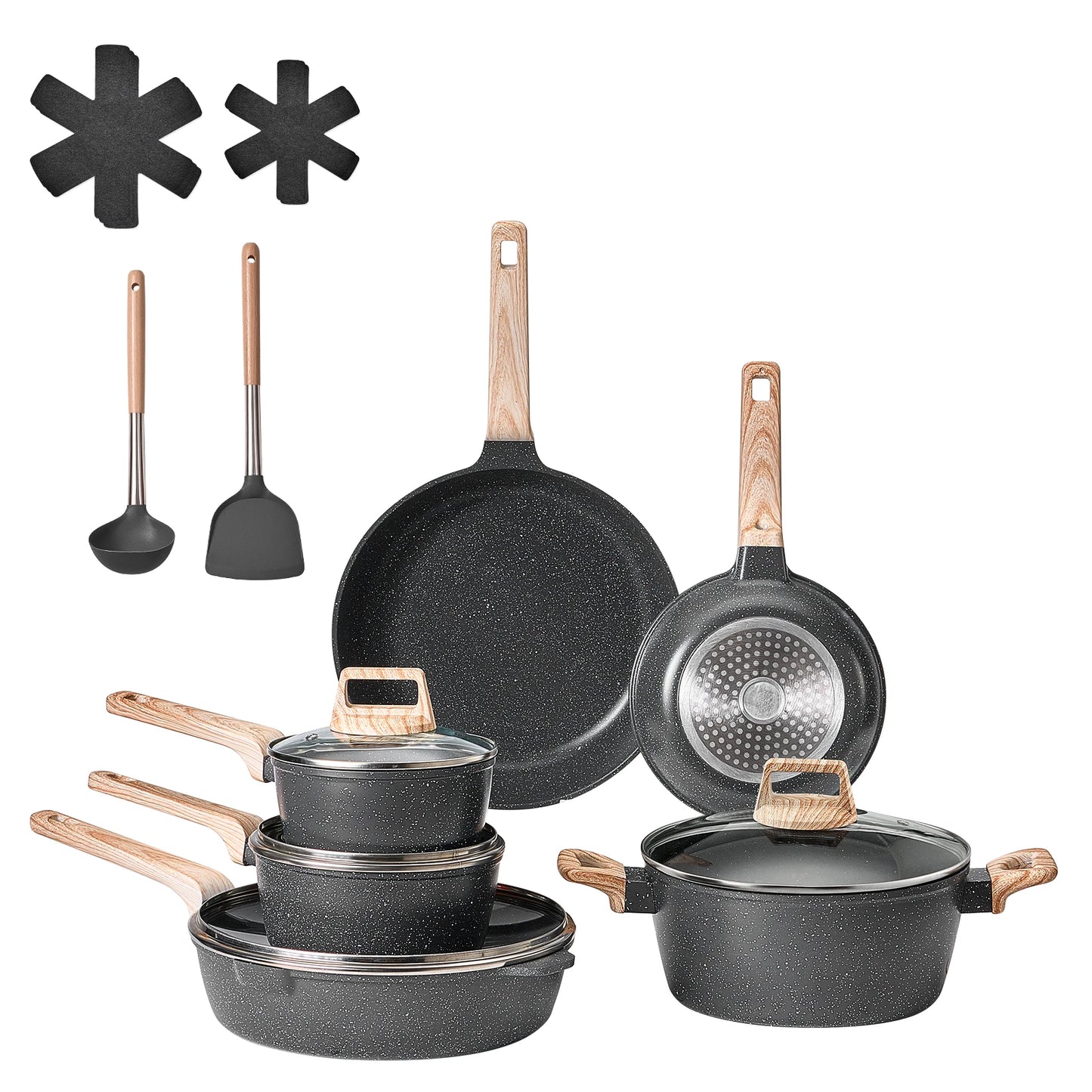 SucceBuy 17 Piece Pots and Pans Set Nonstick Detachable Handle Cookware Kitchen RV Cooking Sets, with Frying, Sauce, Saute Temp