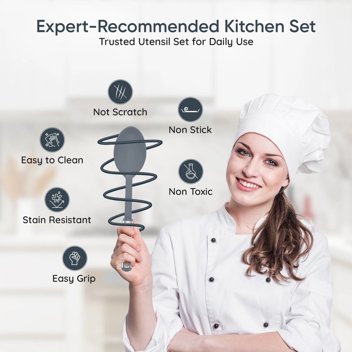 LDC Cooking Utensils Set BPA Free, Food Grade - Heat Resistant Non-Stick Cooking Set with Stainless Steel Handles