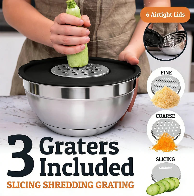 Complete 17Pcs Stainless Steel Mixing Bowl Kit with Lids & Grater, Nestable Non-Slip Bowls for Cooking & Baking