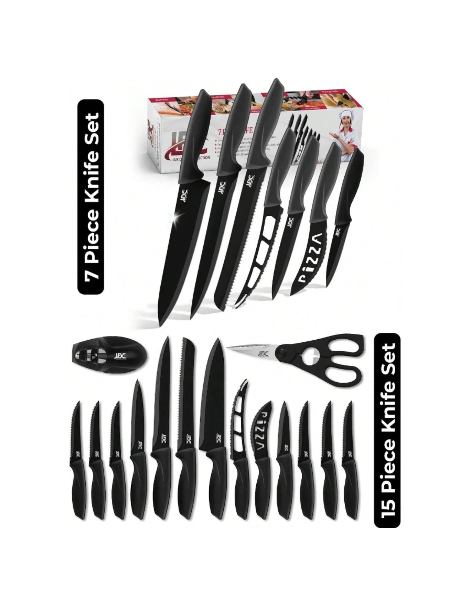 Lux Decor Collection  Kitchen Black Knife Set - Stainless Steel, Dishwasher Safe Ergonomic Knives Set with Anti-Slip Handles