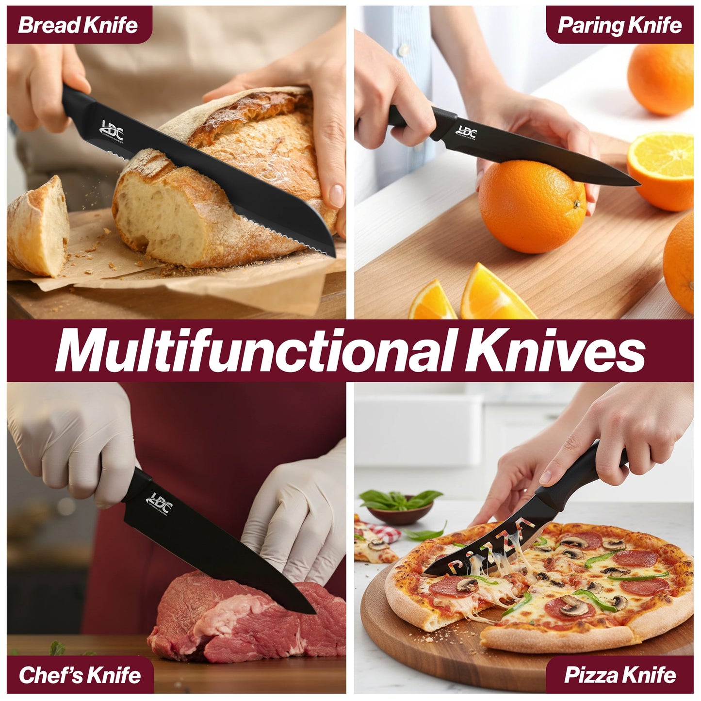 Lux Decor Collection  Kitchen Black Knife Set - Stainless Steel, Dishwasher Safe Ergonomic Knives Set with Anti-Slip Handles