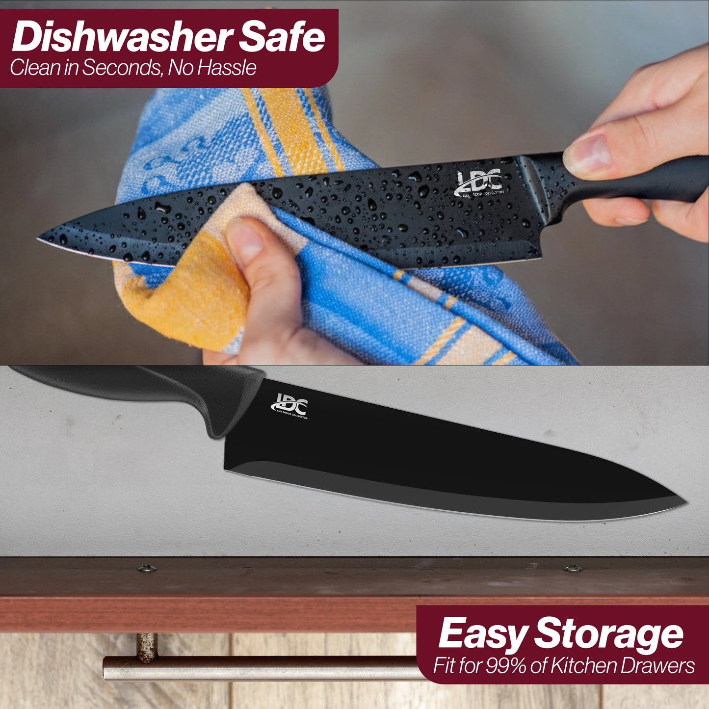 Lux Decor Collection  Kitchen Black Knife Set - Stainless Steel, Dishwasher Safe Ergonomic Knives Set with Anti-Slip Handles