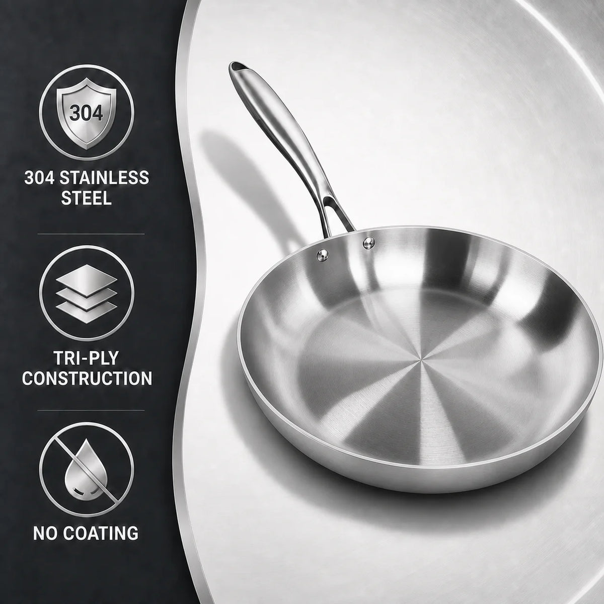Premium 304 Stainless Steel Frying Pan Tri-Ply Uncoated Induction Skillet for Searing Steak Daily Cooking Best Choice 2026