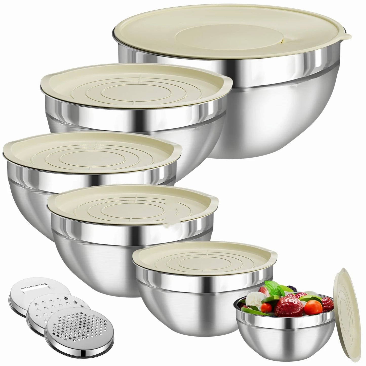 Complete 17Pcs Stainless Steel Mixing Bowl Kit with Lids & Grater, Nestable Non-Slip Bowls for Cooking & Baking