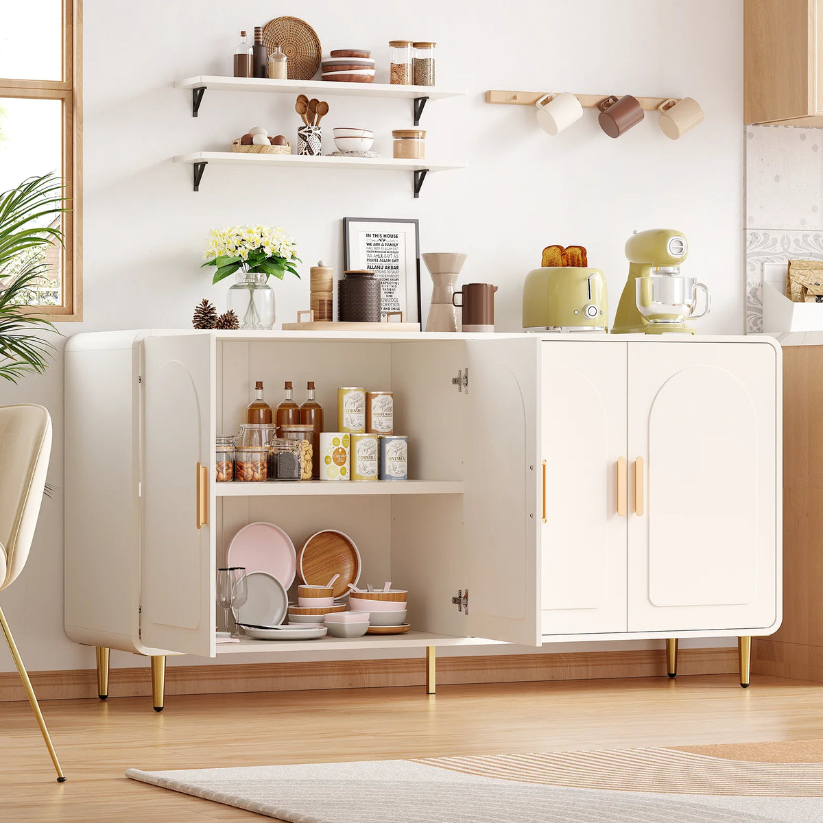60" Sideboard Buffet Cabinet with Storage, Curved Design Cabinet with 4 Doors & Adjustable Shelves Modern Console Table