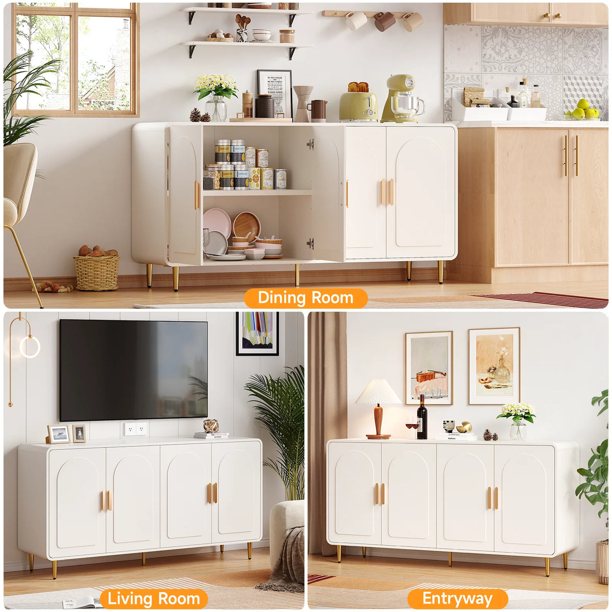 60" Sideboard Buffet Cabinet with Storage, Curved Design Cabinet with 4 Doors & Adjustable Shelves Modern Console Table
