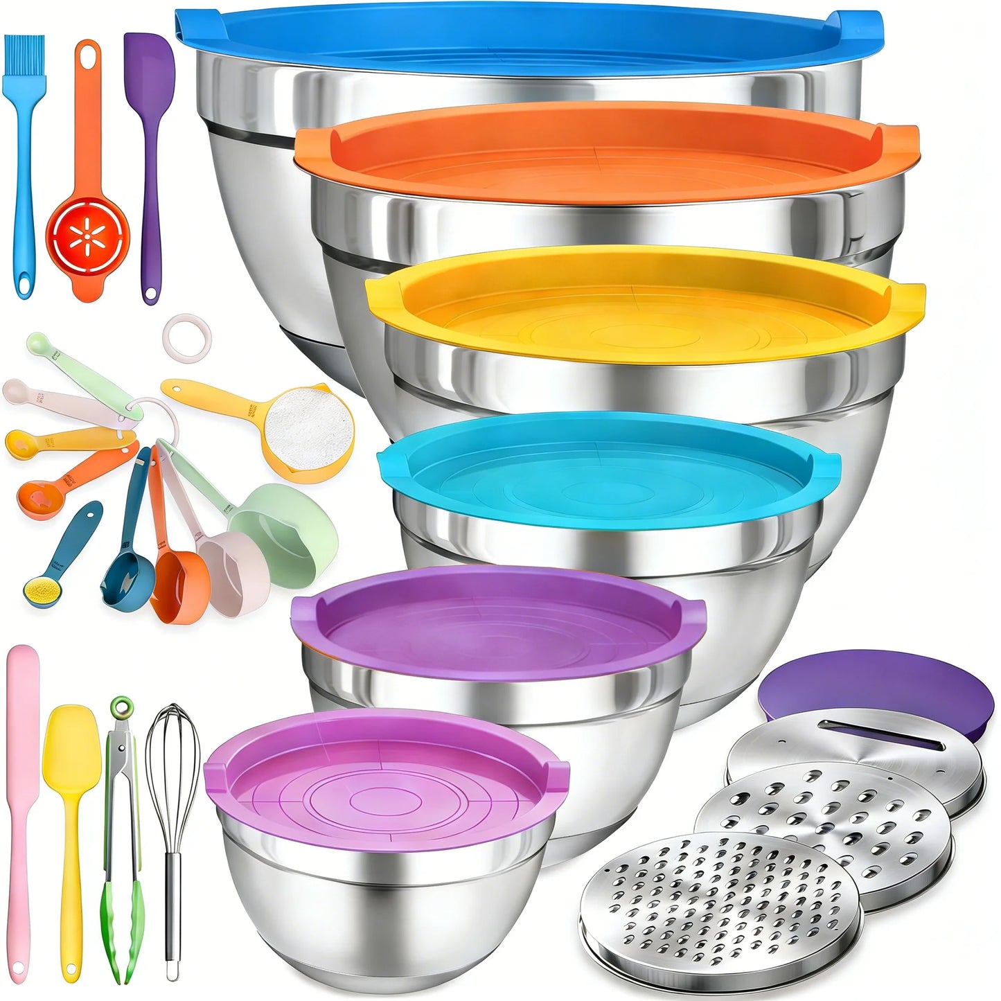 Complete 17Pcs Stainless Steel Mixing Bowl Kit with Lids & Grater, Nestable Non-Slip Bowls for Cooking & Baking