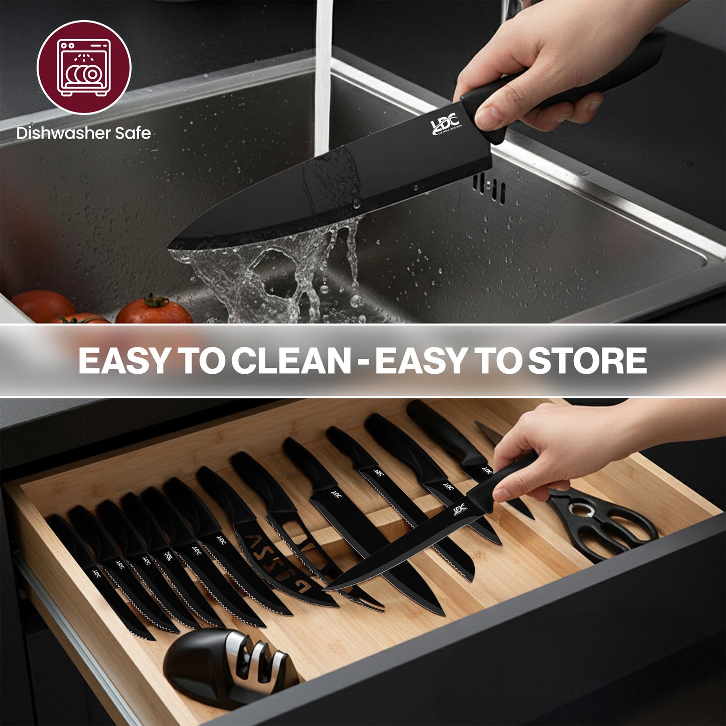 Lux Decor Collection  Kitchen Black Knife Set - Stainless Steel, Dishwasher Safe Ergonomic Knives Set with Anti-Slip Handles