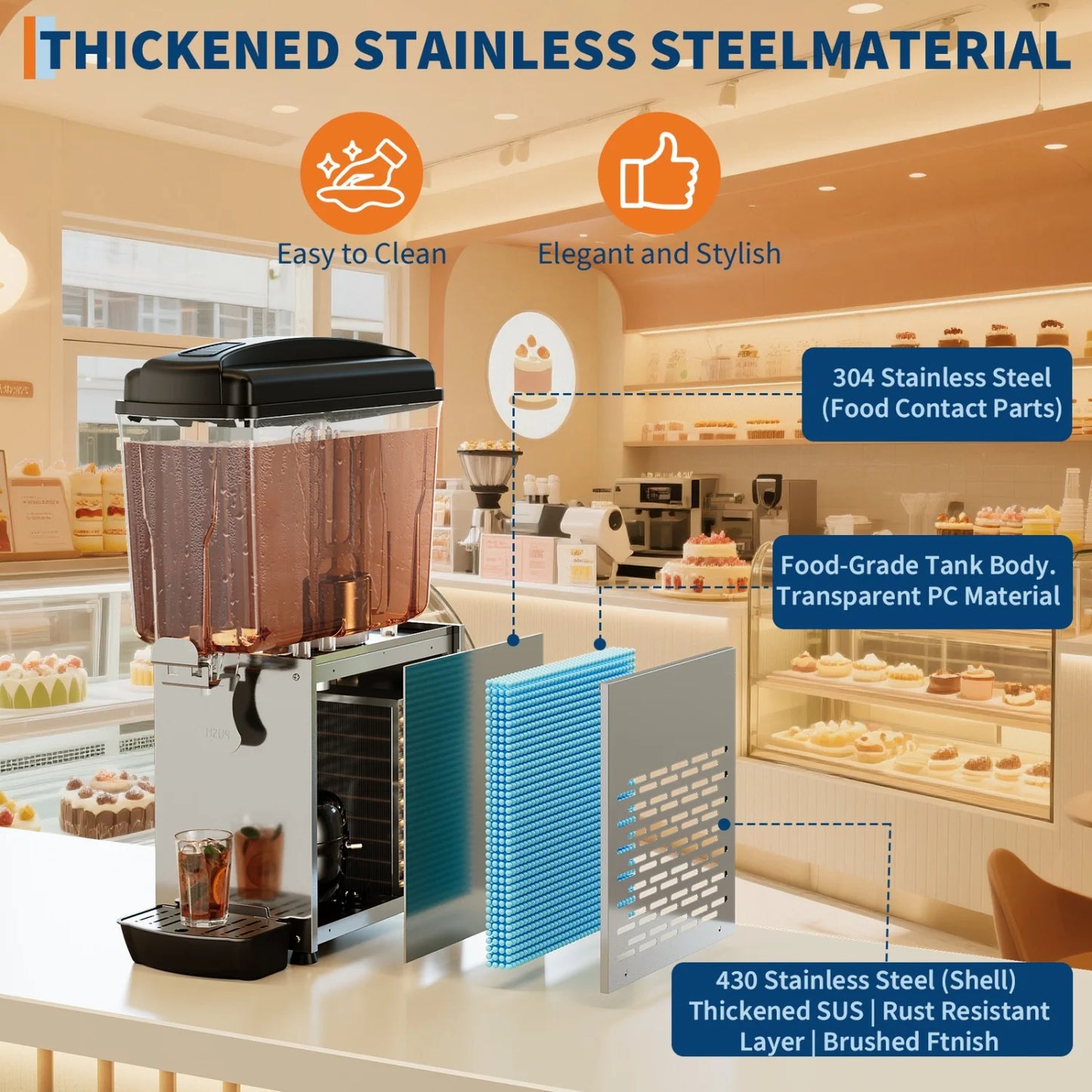 4.8 Gallon/18L Commercial Beverage Dispenser, 150W Stainless Steel Ice Tea & Drink Dispenser with Tank & Thermostat Control for Parties/Restaurants/Bars/Home/Cafes