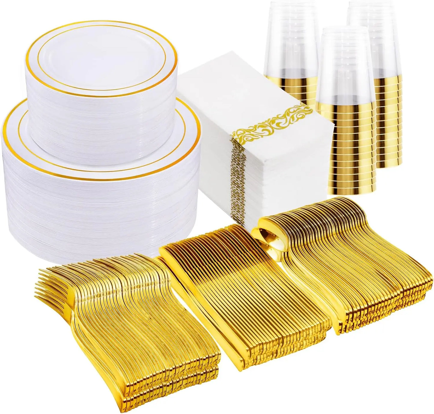 350-Piece Disposable Tableware Set For 50 Guests - Elegant Plastic Party Plates, Cups, Cutlery And Napkins, Heavy Duty, Great Fo