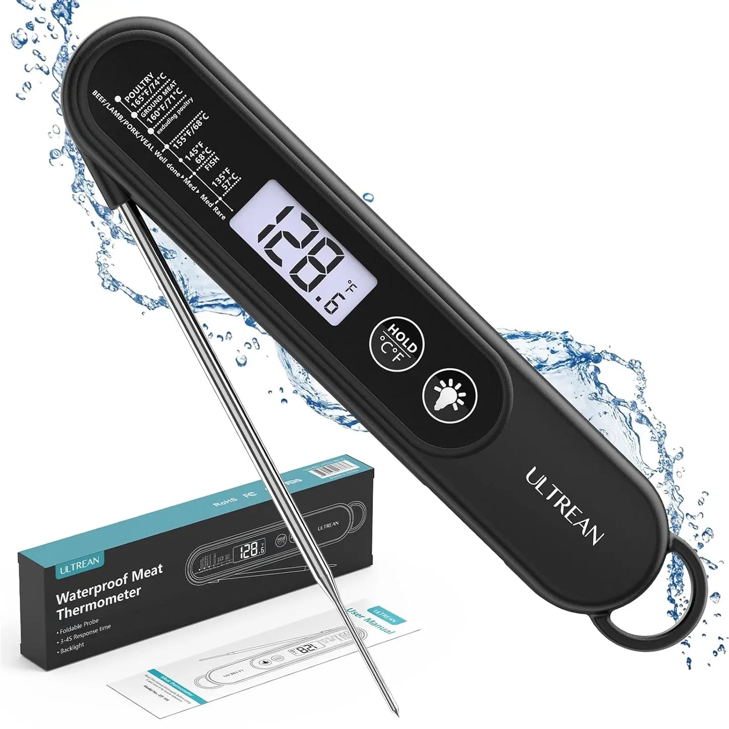 Ultrean Digital Meat Thermometer, Ultra-Fast Instant Read with Backlight, Foldable Probe, Waterproof for BBQ Grill Fry Oven Cand