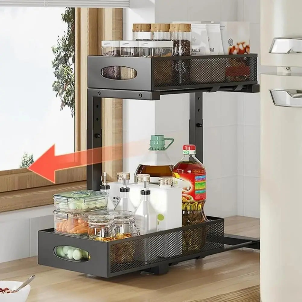 2‑Tier Pull‑Out Under Sink Organizer Expandable Double Tier Adjustable Steel Storage Rack Basket No Drilling For Kitchen Bathroom Cabinet Space Saving Rack