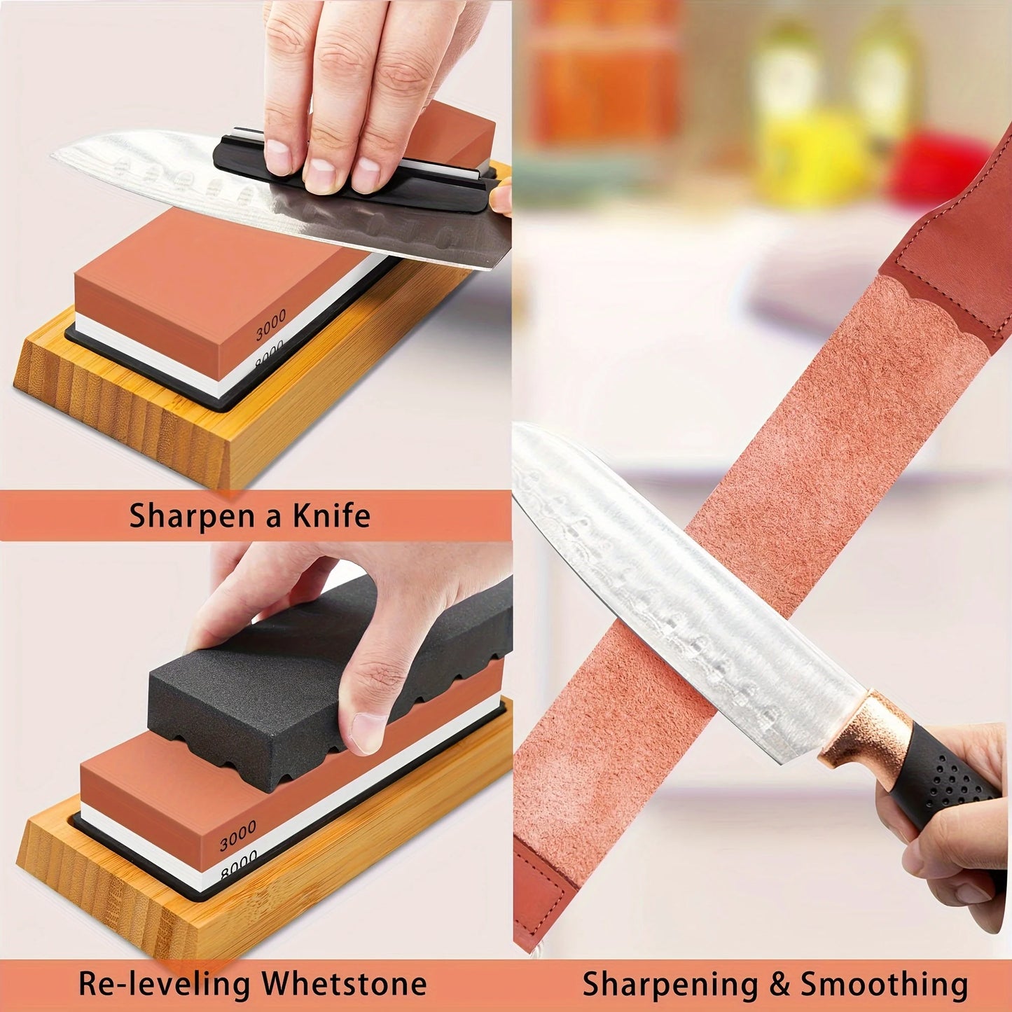 1 Set Professional Knife Sharpening Stone Kit 4 Sided Grit 400/1000 3000/8000 with Non-Slip Base, Leather Strop Flattening Stone