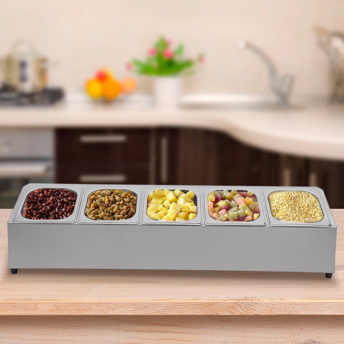 Spice Rack Shelf Stainless Steel Organizer Stand W/ 5*1/6 Pans W/ Lids Countertop Inclined Holder for Sauce Fruits Kitchen Use