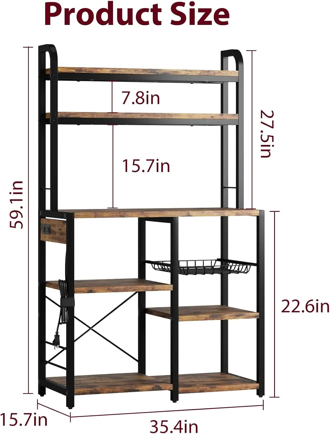 5-Tier Baker's Rack with Wire Basket – Microwave Stand with Built-In Power Outlets, Coffee Bar Station & Open Kitchen Shelving for Spices, Dishes, and Pots, Brown