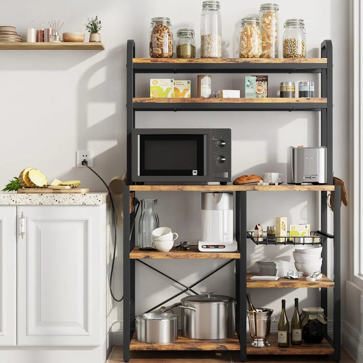 5-Tier Baker's Rack with Wire Basket – Microwave Stand with Built-In Power Outlets, Coffee Bar Station & Open Kitchen Shelving for Spices, Dishes, and Pots, Brown