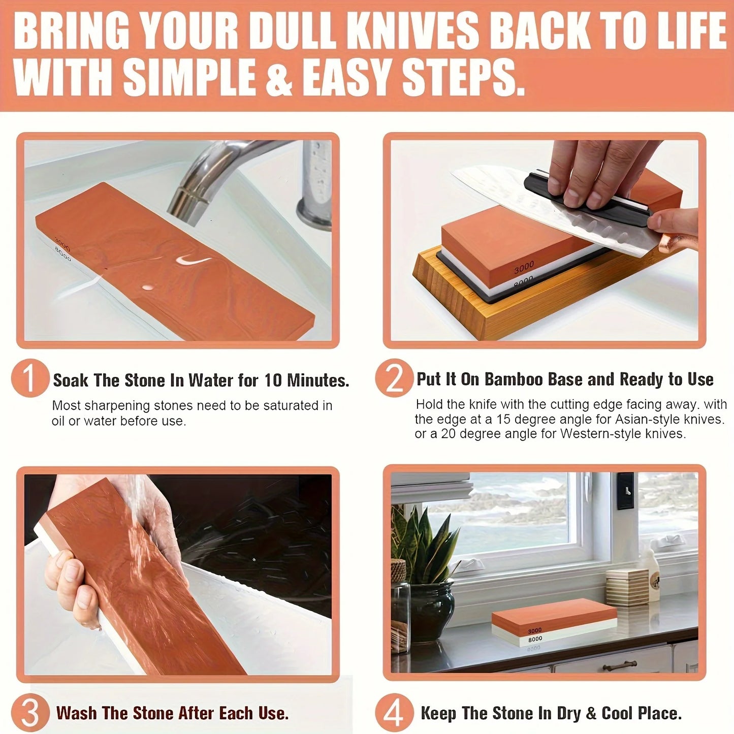 1 Set Professional Knife Sharpening Stone Kit 4 Sided Grit 400/1000 3000/8000 with Non-Slip Base, Leather Strop Flattening Stone