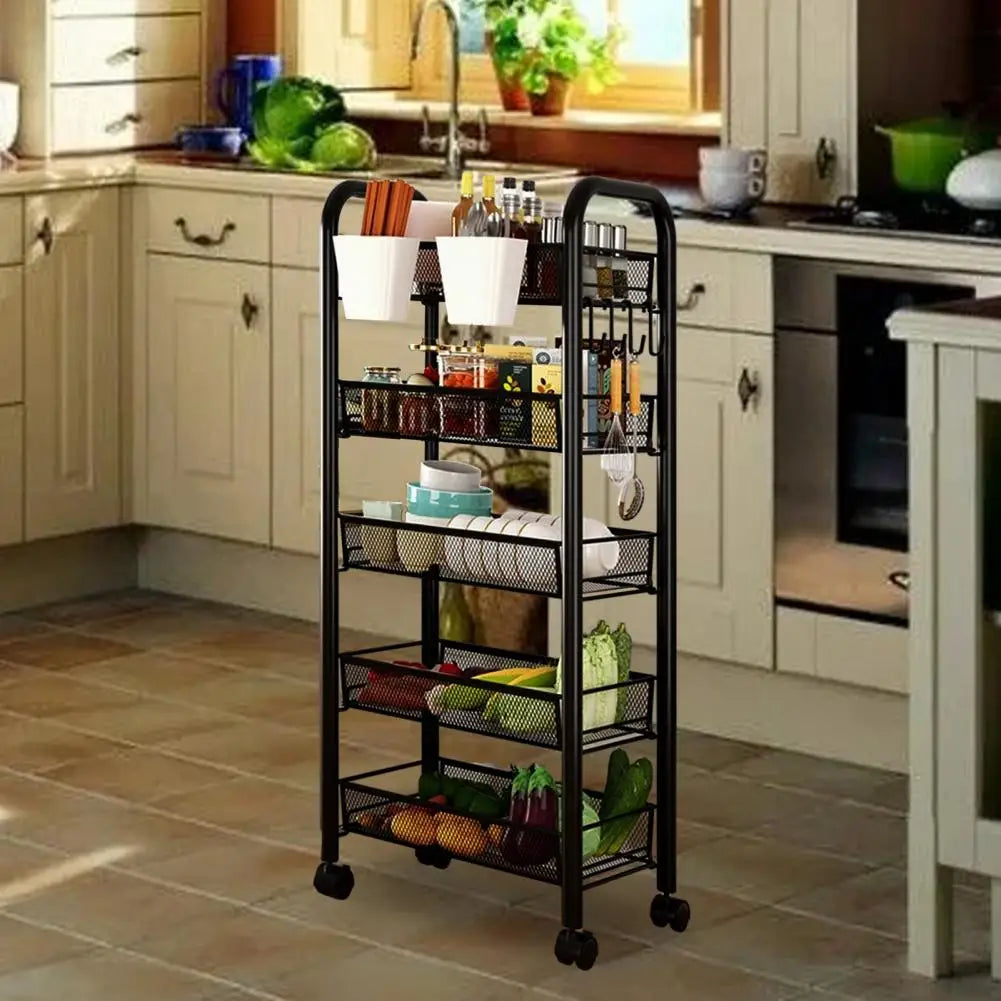 Kitchen Storage Rack, 5 Tier Stackable Metal Mesh Storage Basket with 360 Degree Wheels, Fruit Vegetable Storage Organizer