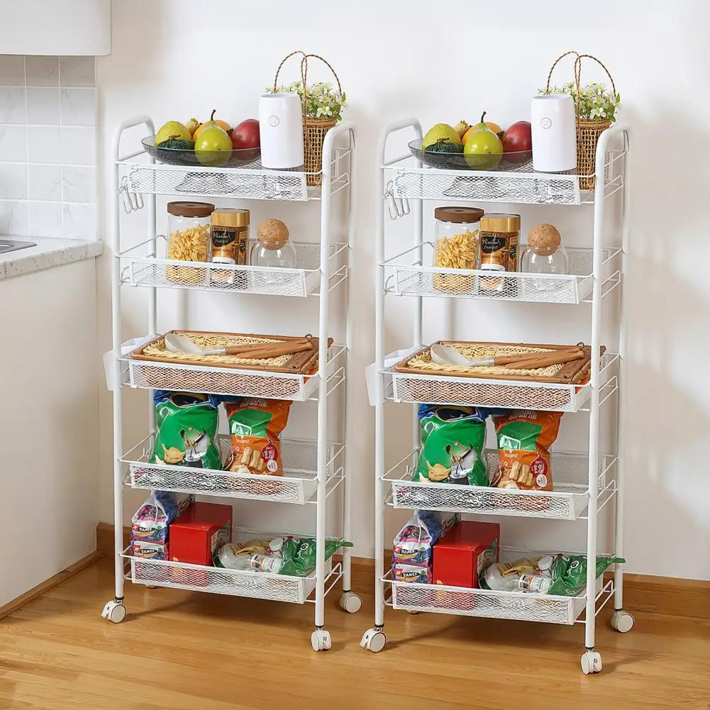 Kitchen Storage Rack, 5 Tier Stackable Metal Mesh Storage Basket with 360 Degree Wheels, Fruit Vegetable Storage Organizer