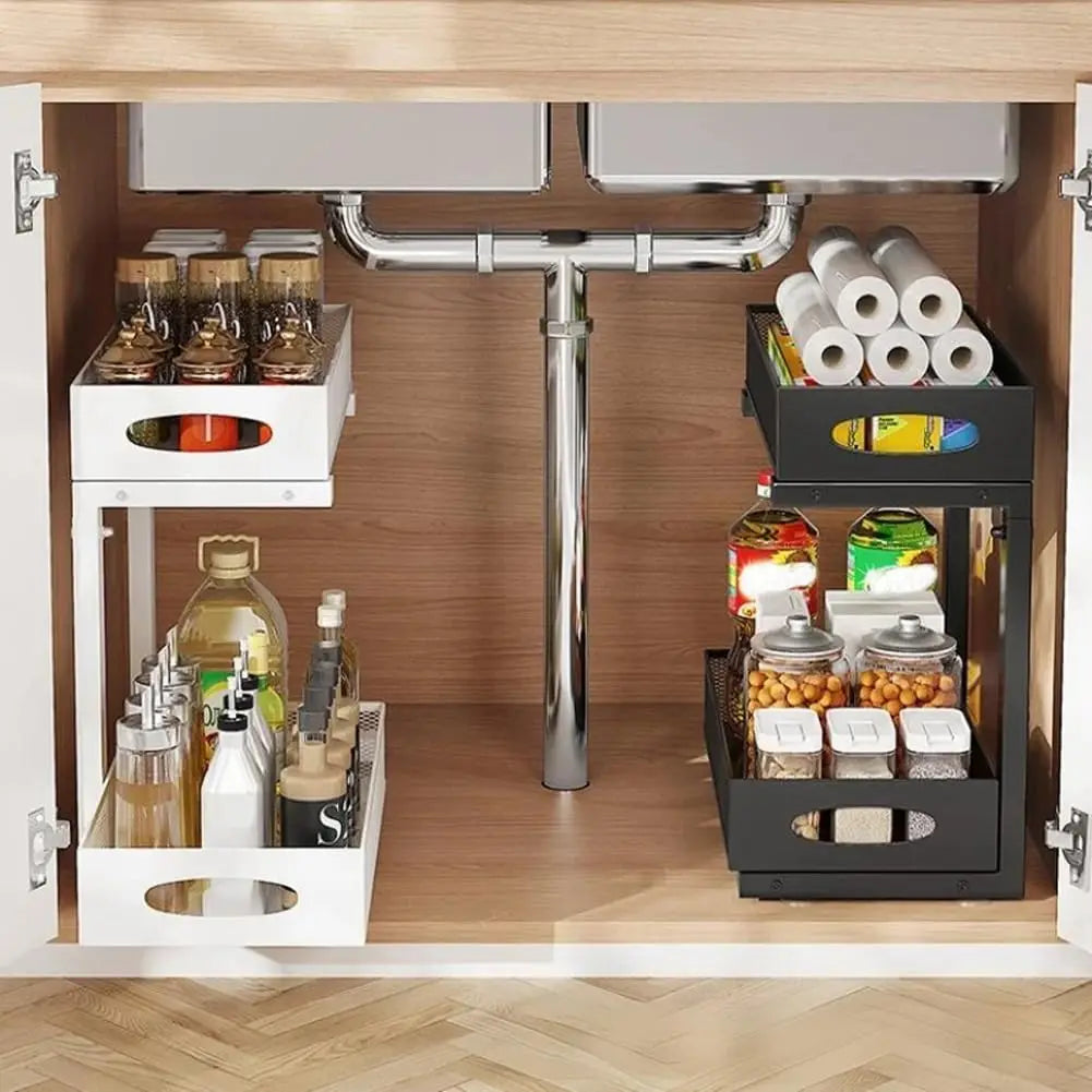 2‑Tier Pull‑Out Under Sink Organizer Expandable Double Tier Adjustable Steel Storage Rack Basket No Drilling For Kitchen Bathroom Cabinet Space Saving Rack