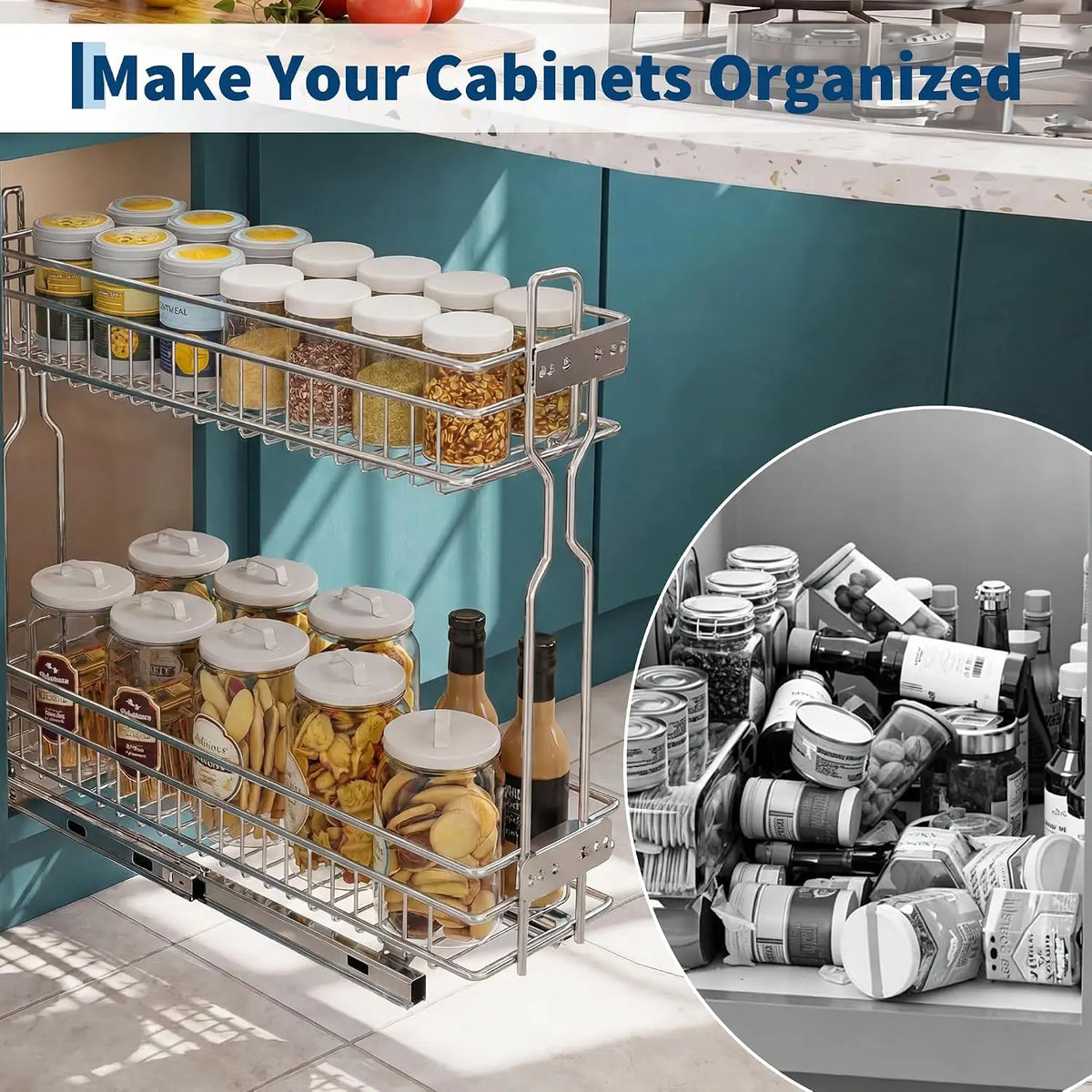 Garvee 2 Tier Pull Out Under Sink Organizer Slide Out Spice Shelves Storage Box Durable Large Capacity Kitchen Bathroom Essential Drawer Organizer