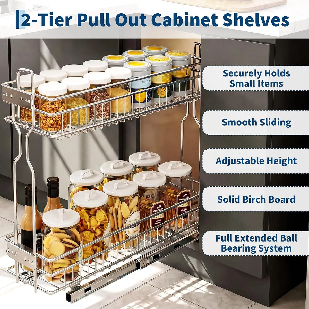 Garvee 2 Tier Pull Out Under Sink Organizer Slide Out Spice Shelves Storage Box Durable Large Capacity Kitchen Bathroom Essential Drawer Organizer
