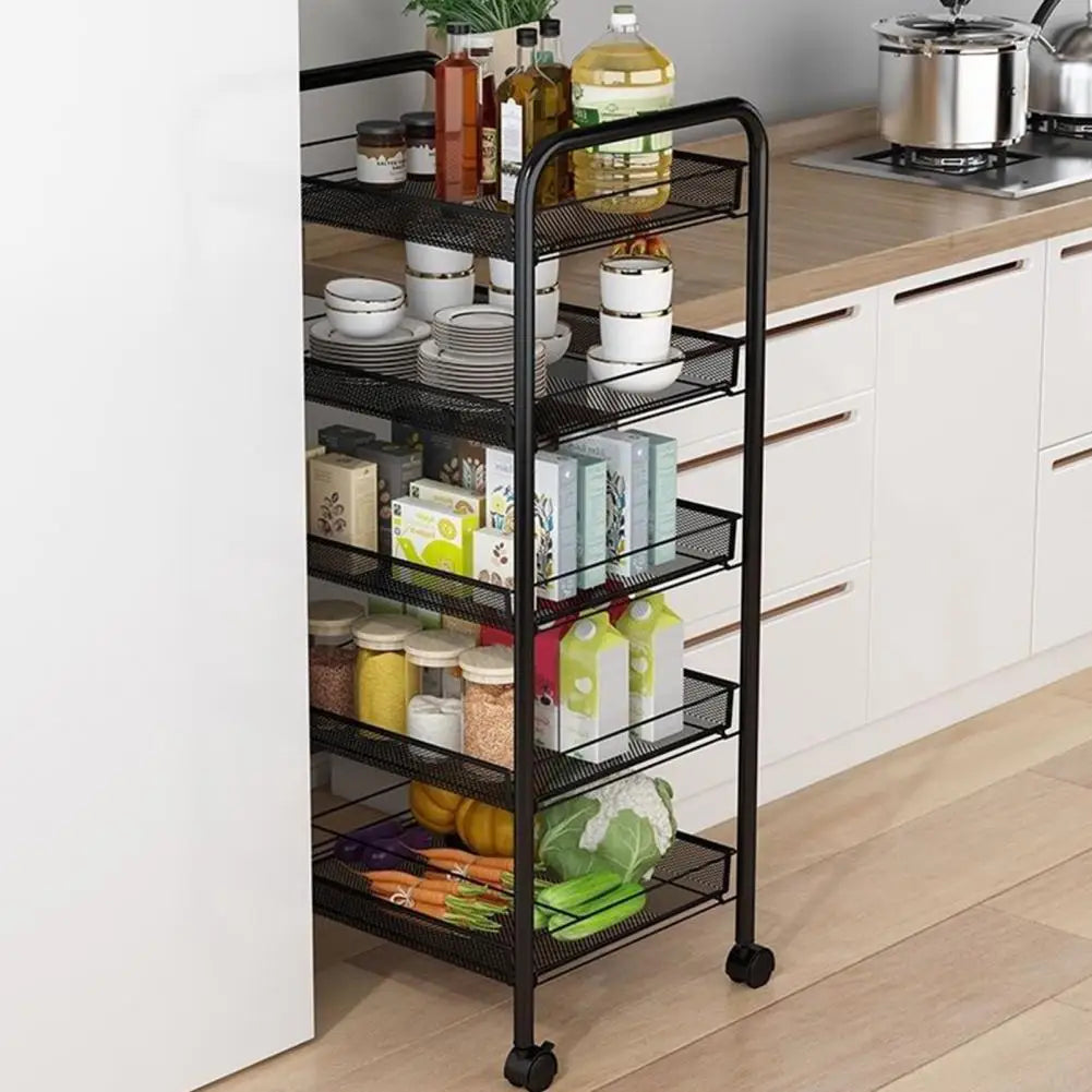 Kitchen Storage Rack, 5 Tier Stackable Metal Mesh Storage Basket with 360 Degree Wheels, Fruit Vegetable Storage Organizer