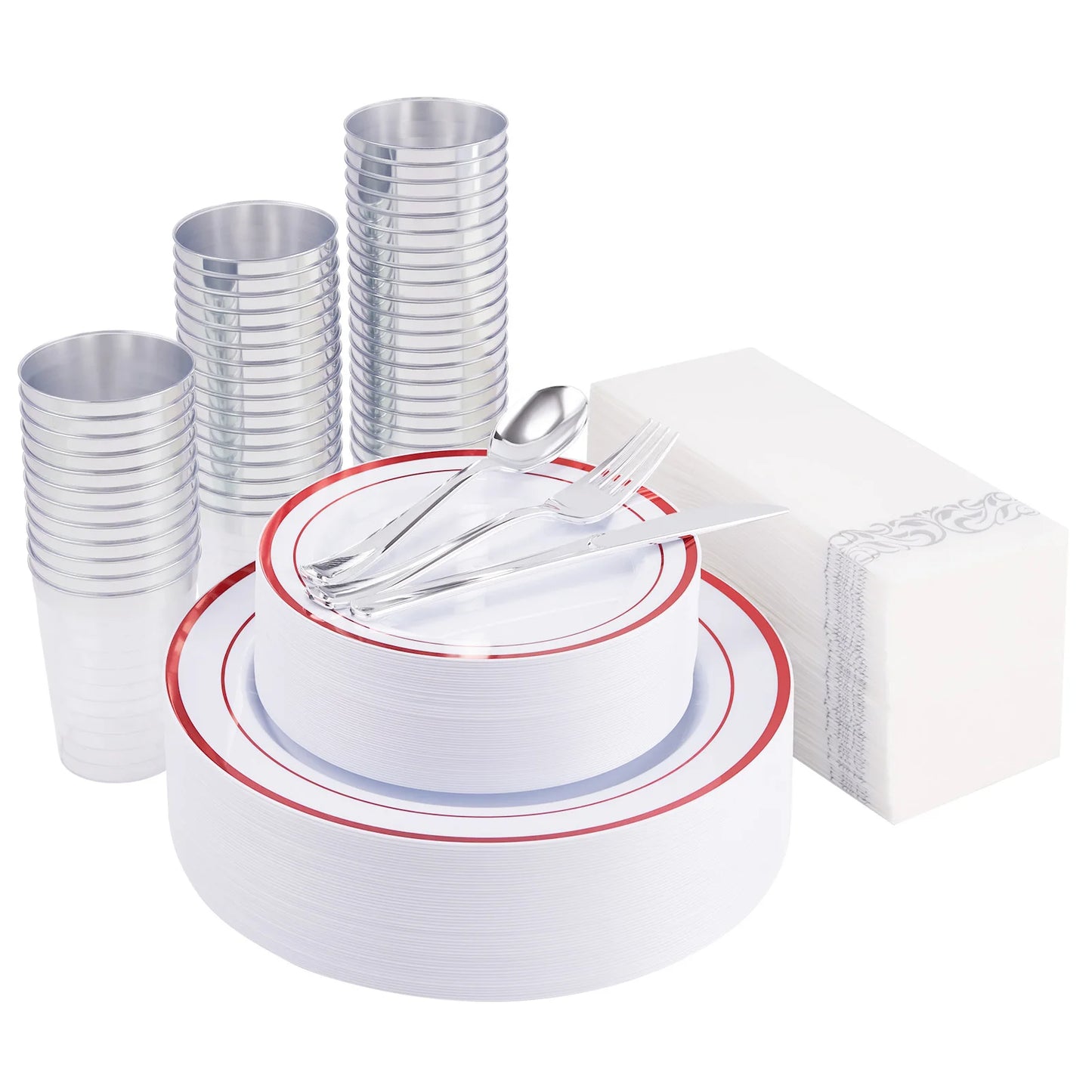 350-Piece Disposable Tableware Set For 50 Guests - Elegant Plastic Party Plates, Cups, Cutlery And Napkins, Heavy Duty, Great Fo