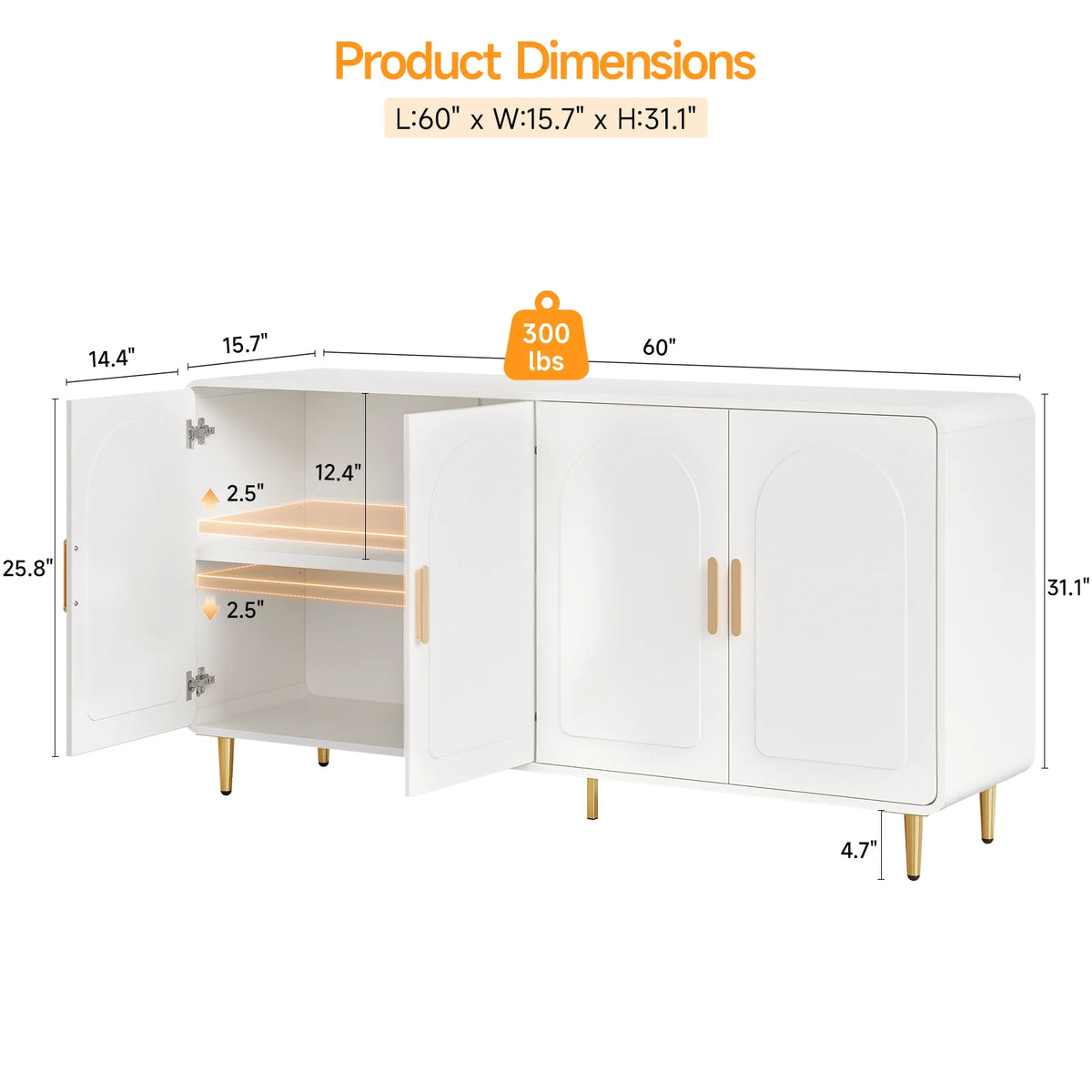 60" Sideboard Buffet Cabinet with Storage, Curved Design Cabinet with 4 Doors & Adjustable Shelves Modern Console Table