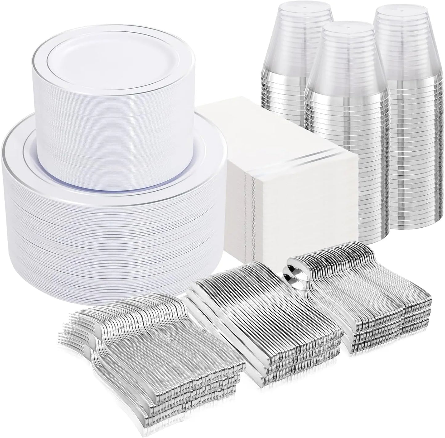 350-Piece Disposable Tableware Set For 50 Guests - Elegant Plastic Party Plates, Cups, Cutlery And Napkins, Heavy Duty, Great Fo
