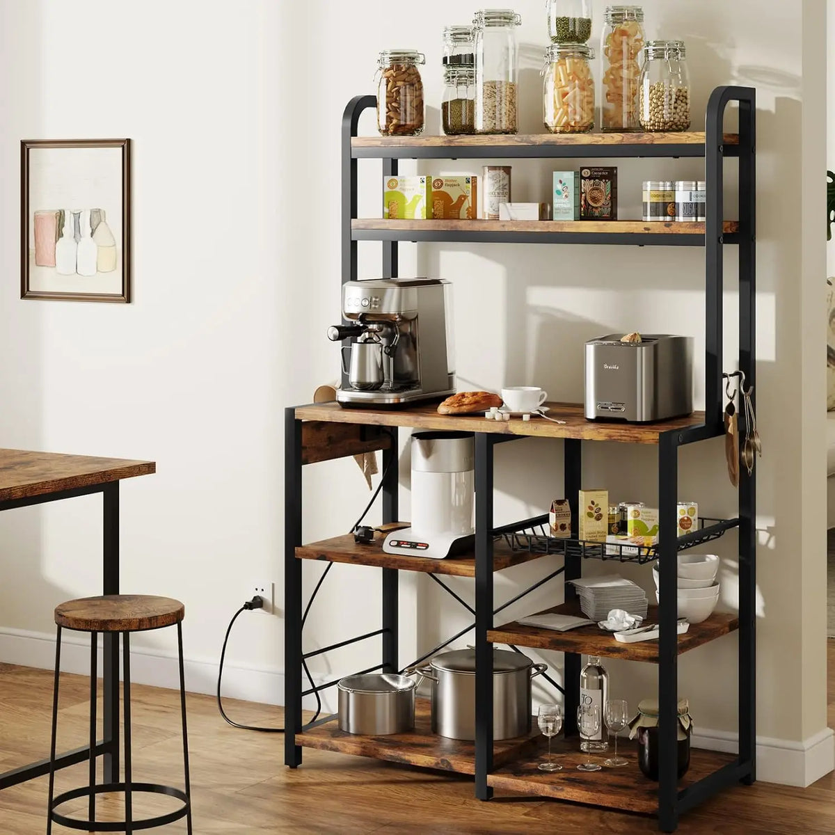 5-Tier Baker's Rack with Wire Basket – Microwave Stand with Built-In Power Outlets, Coffee Bar Station & Open Kitchen Shelving for Spices, Dishes, and Pots, Brown
