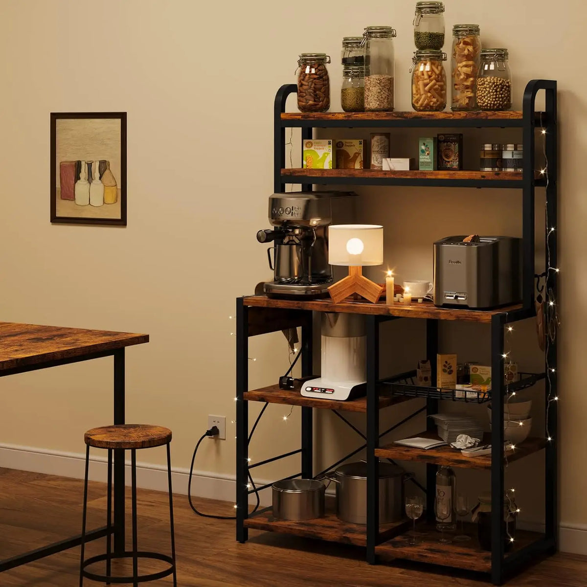 5-Tier Baker's Rack with Wire Basket – Microwave Stand with Built-In Power Outlets, Coffee Bar Station & Open Kitchen Shelving for Spices, Dishes, and Pots, Brown