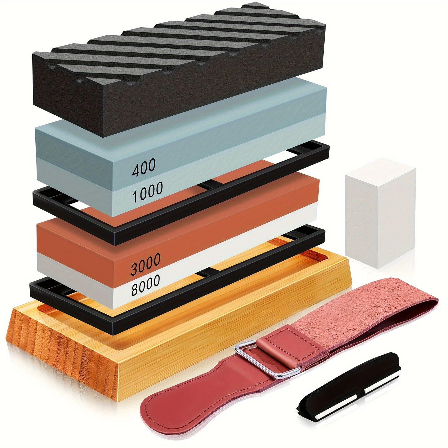 1 Set Professional Knife Sharpening Stone Kit 4 Sided Grit 400/1000 3000/8000 with Non-Slip Base, Leather Strop Flattening Stone