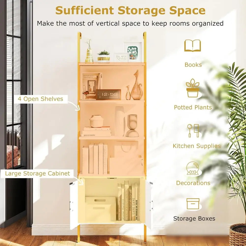 Modern 2-Piece 72.5 Tall Metal Ladder Shelf Set with Cabinet, Kitchen Storage Organizer for Living Room Display