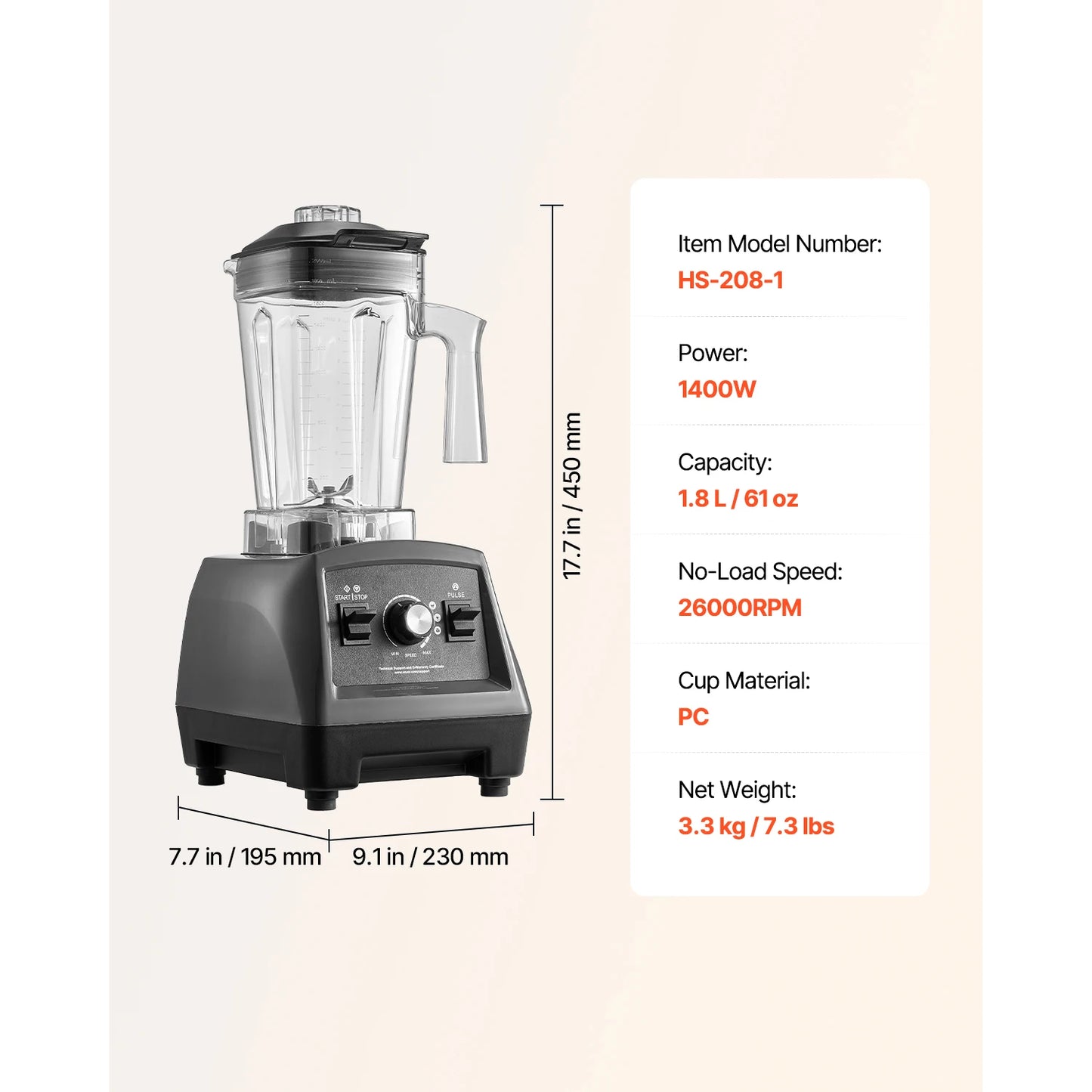 SucceBuy Blender for Smoothies 61 oz 1400W with Powerful Motor Multi-Functional Food Processing Blender with 2 Cups for Smoothie