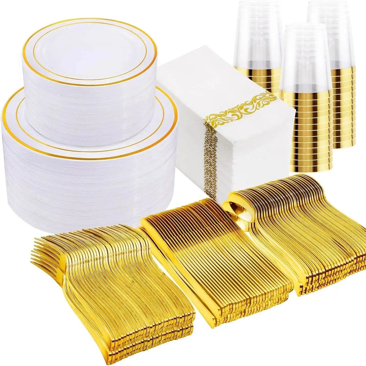 350-Piece Disposable Tableware Set For 50 Guests - Elegant Plastic Party Plates, Cups, Cutlery And Napkins, Heavy Duty, Great Fo