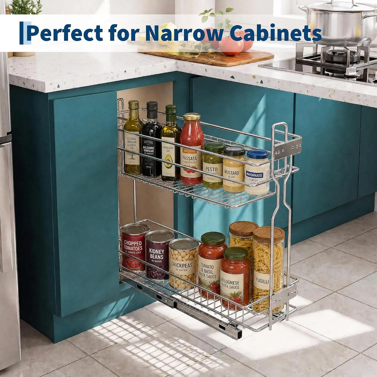 Garvee 2 Tier Pull Out Under Sink Organizer Slide Out Spice Shelves Storage Box Durable Large Capacity Kitchen Bathroom Essential Drawer Organizer