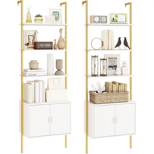 Modern 2-Piece 72.5 Tall Metal Ladder Shelf Set with Cabinet, Kitchen Storage Organizer for Living Room Display