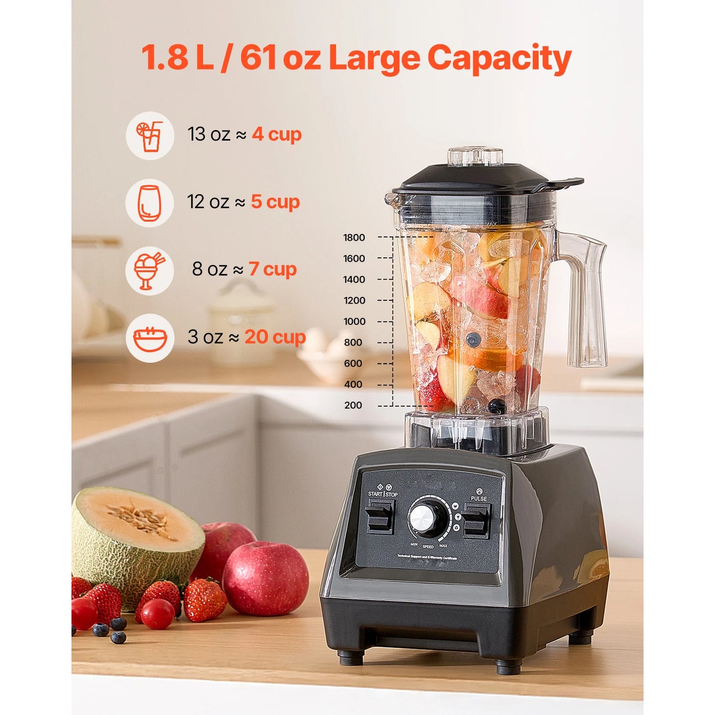 SucceBuy Blender for Smoothies 61 oz 1400W with Powerful Motor Multi-Functional Food Processing Blender with 2 Cups for Smoothie