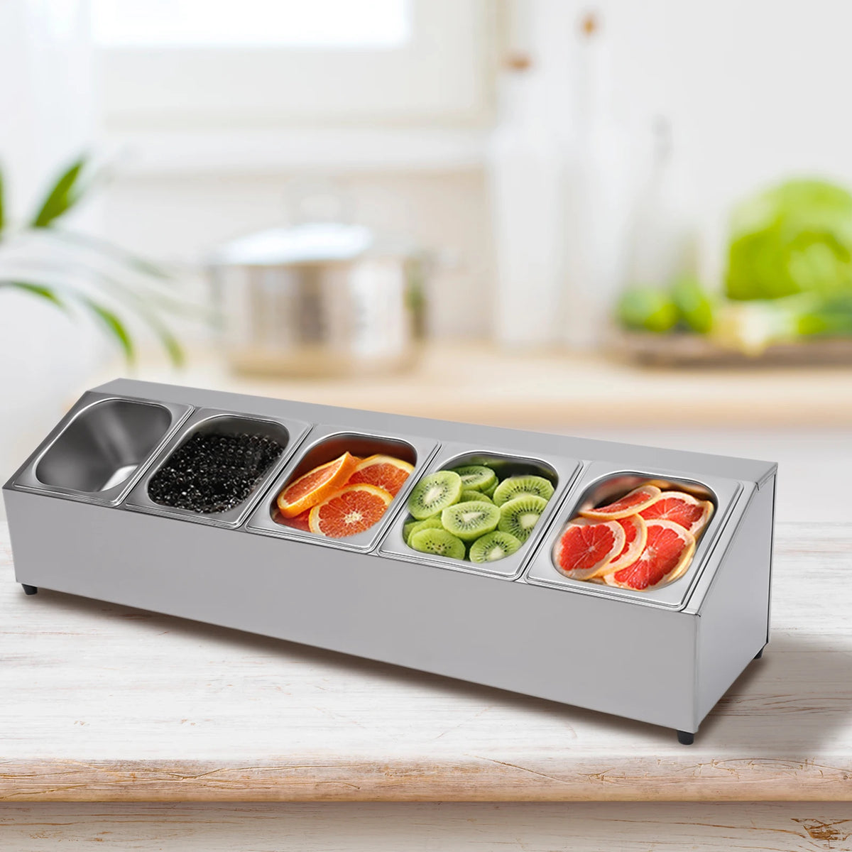 Spice Rack Shelf Stainless Steel Organizer Stand W/ 5*1/6 Pans W/ Lids Countertop Inclined Holder for Sauce Fruits Kitchen Use