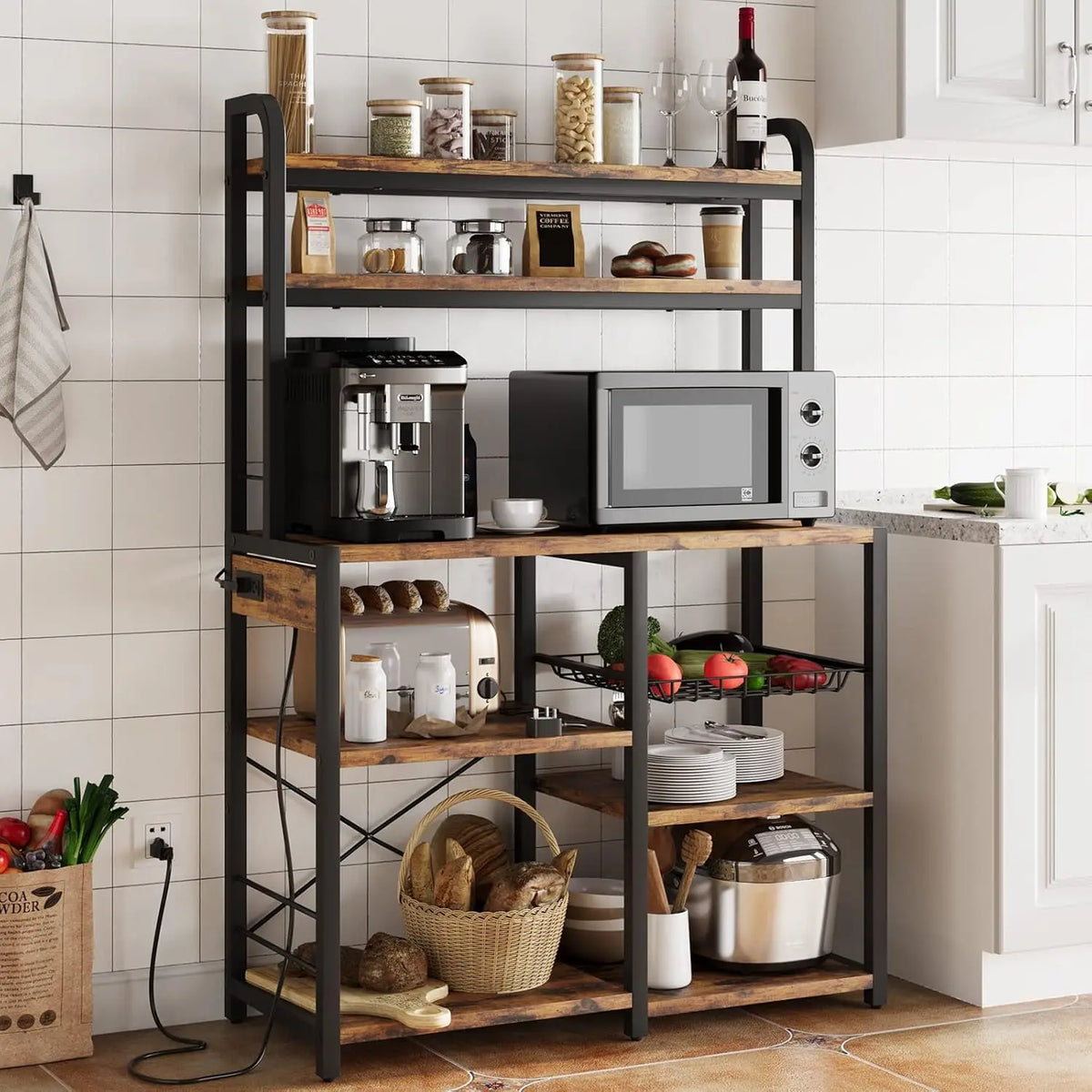 5-Tier Baker's Rack with Wire Basket – Microwave Stand with Built-In Power Outlets, Coffee Bar Station & Open Kitchen Shelving for Spices, Dishes, and Pots, Brown