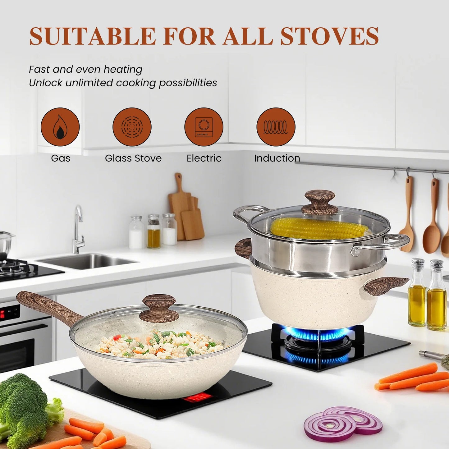 Pots and Pans Set Non Stick, 17-Piece Induction Kitchen Cookware, Stackable RV Cookware with Removable Handle, White