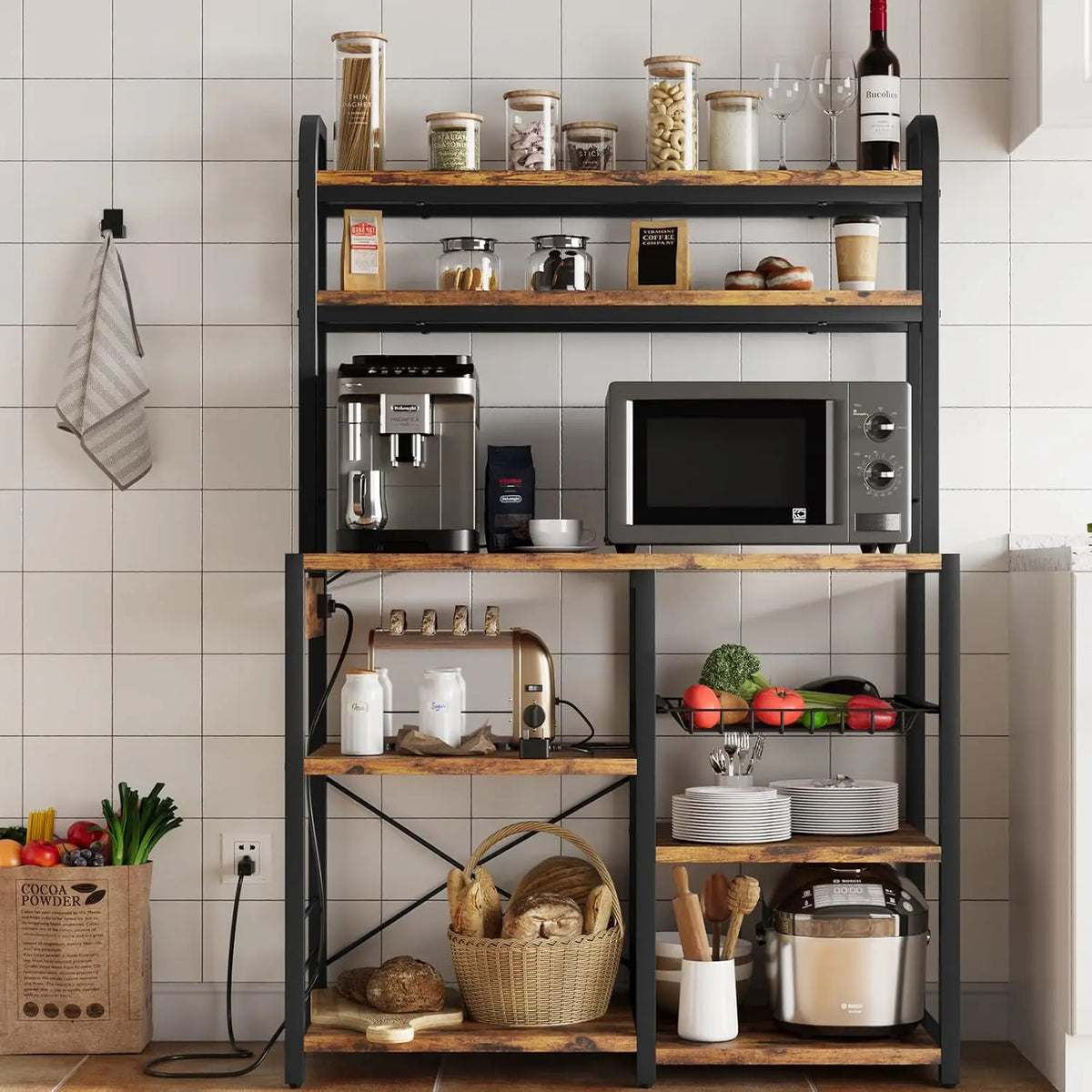 5-Tier Baker's Rack with Wire Basket – Microwave Stand with Built-In Power Outlets, Coffee Bar Station & Open Kitchen Shelving for Spices, Dishes, and Pots, Brown
