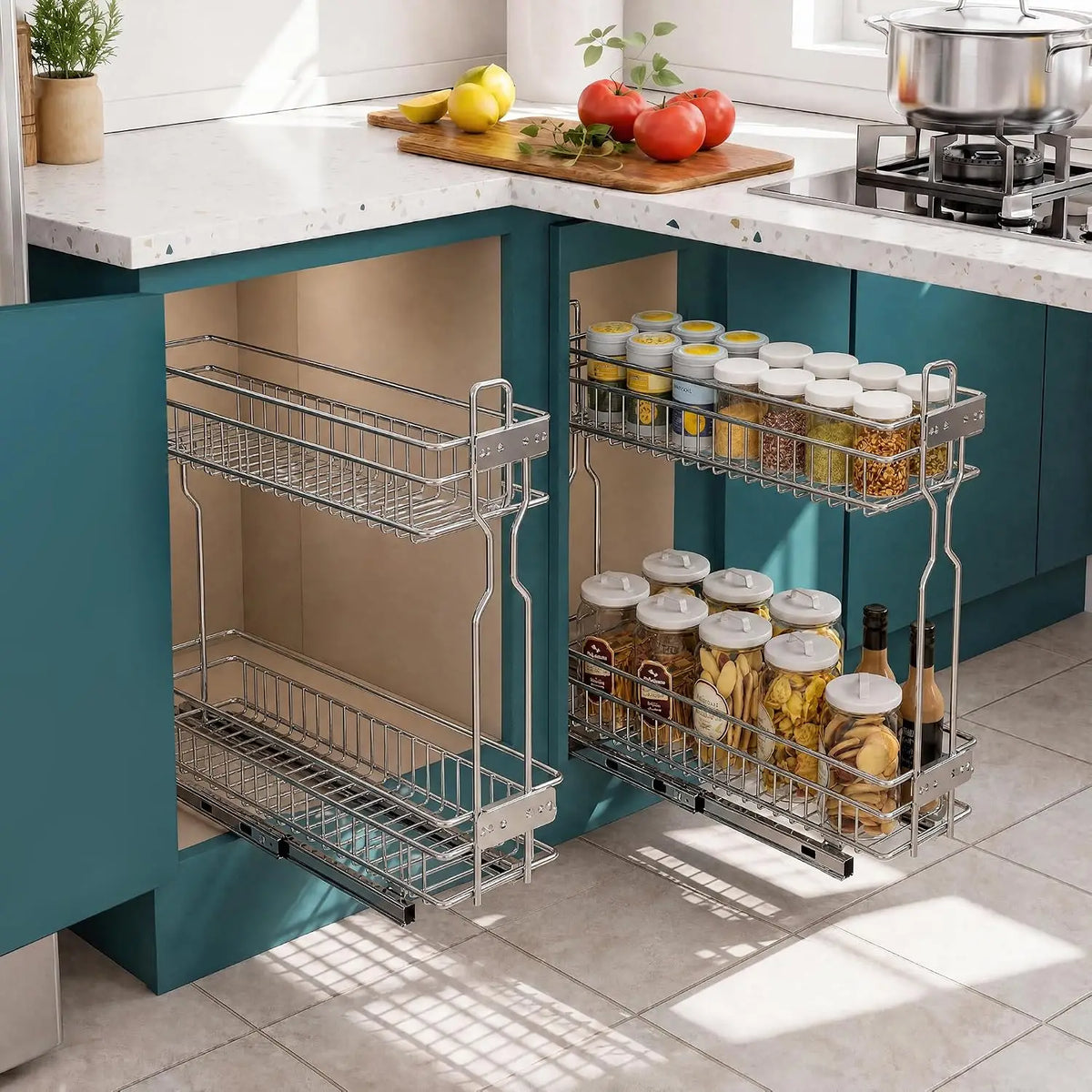 Garvee 2 Tier Pull Out Under Sink Organizer Slide Out Spice Shelves Storage Box Durable Large Capacity Kitchen Bathroom Essential Drawer Organizer