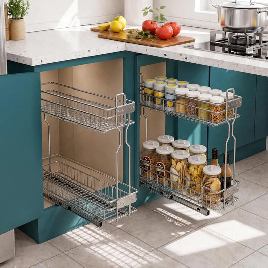 Garvee 2 Tier Pull Out Under Sink Organizer Slide Out Spice Shelves Storage Box Durable Large Capacity Kitchen Bathroom Essential Drawer Organizer