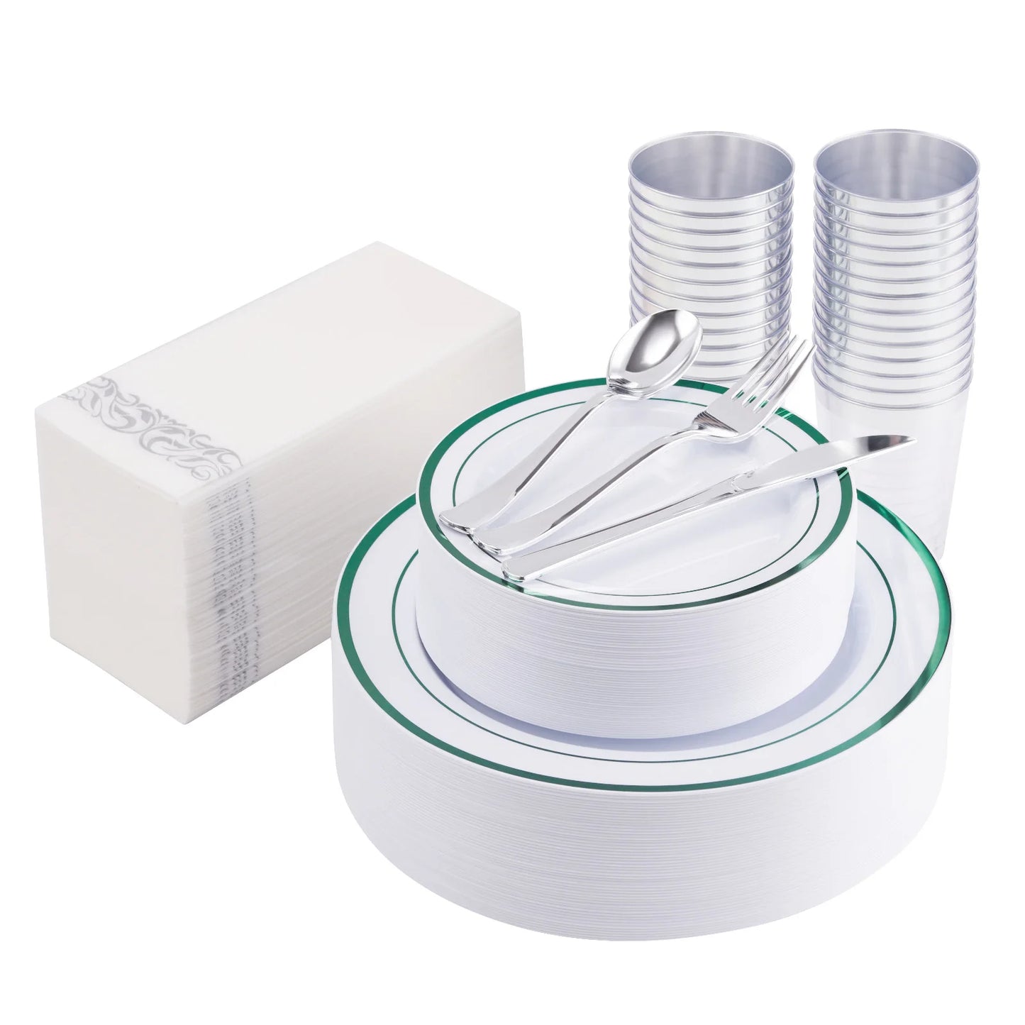 350-Piece Disposable Tableware Set For 50 Guests - Elegant Plastic Party Plates, Cups, Cutlery And Napkins, Heavy Duty, Great Fo
