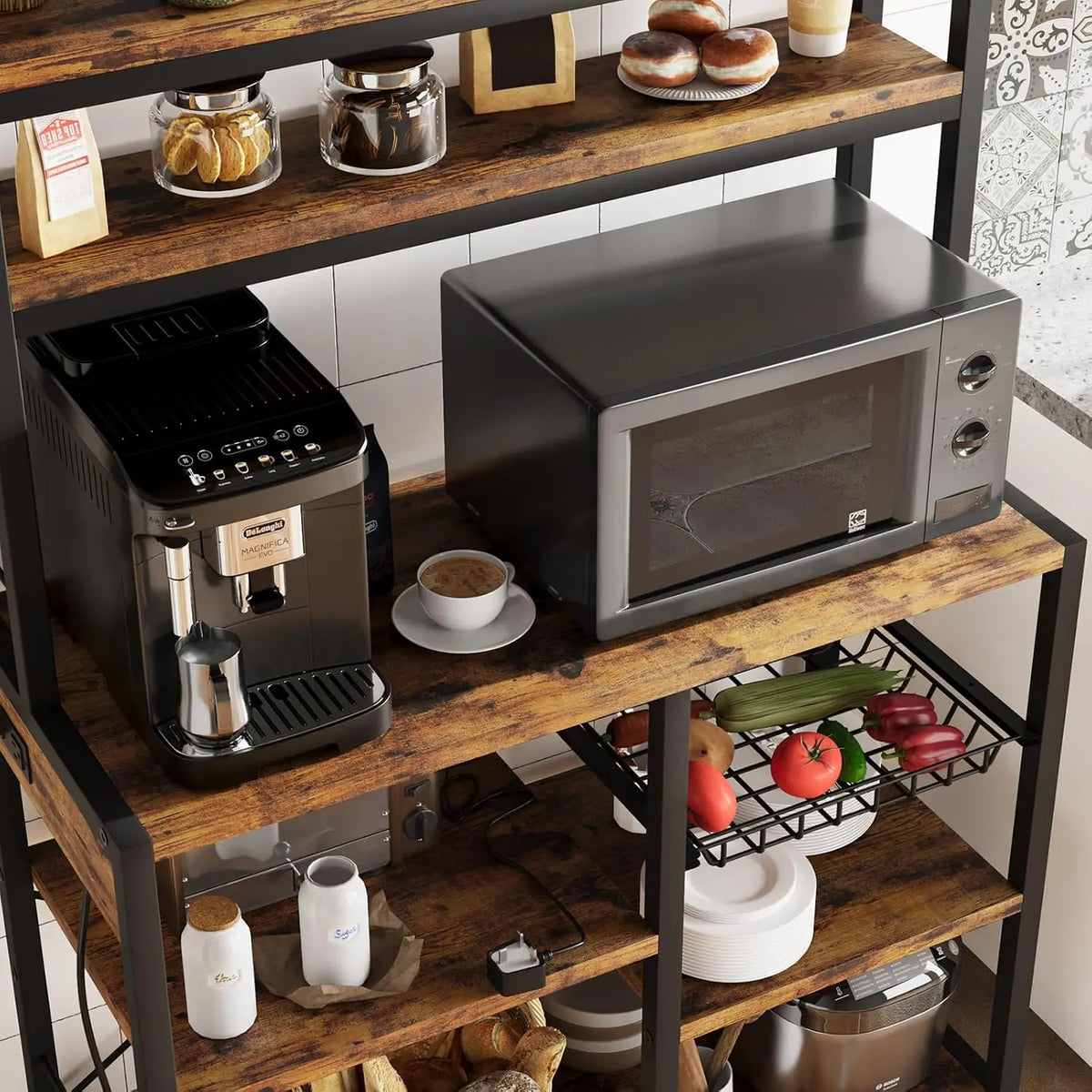 5-Tier Baker's Rack with Wire Basket – Microwave Stand with Built-In Power Outlets, Coffee Bar Station & Open Kitchen Shelving for Spices, Dishes, and Pots, Brown